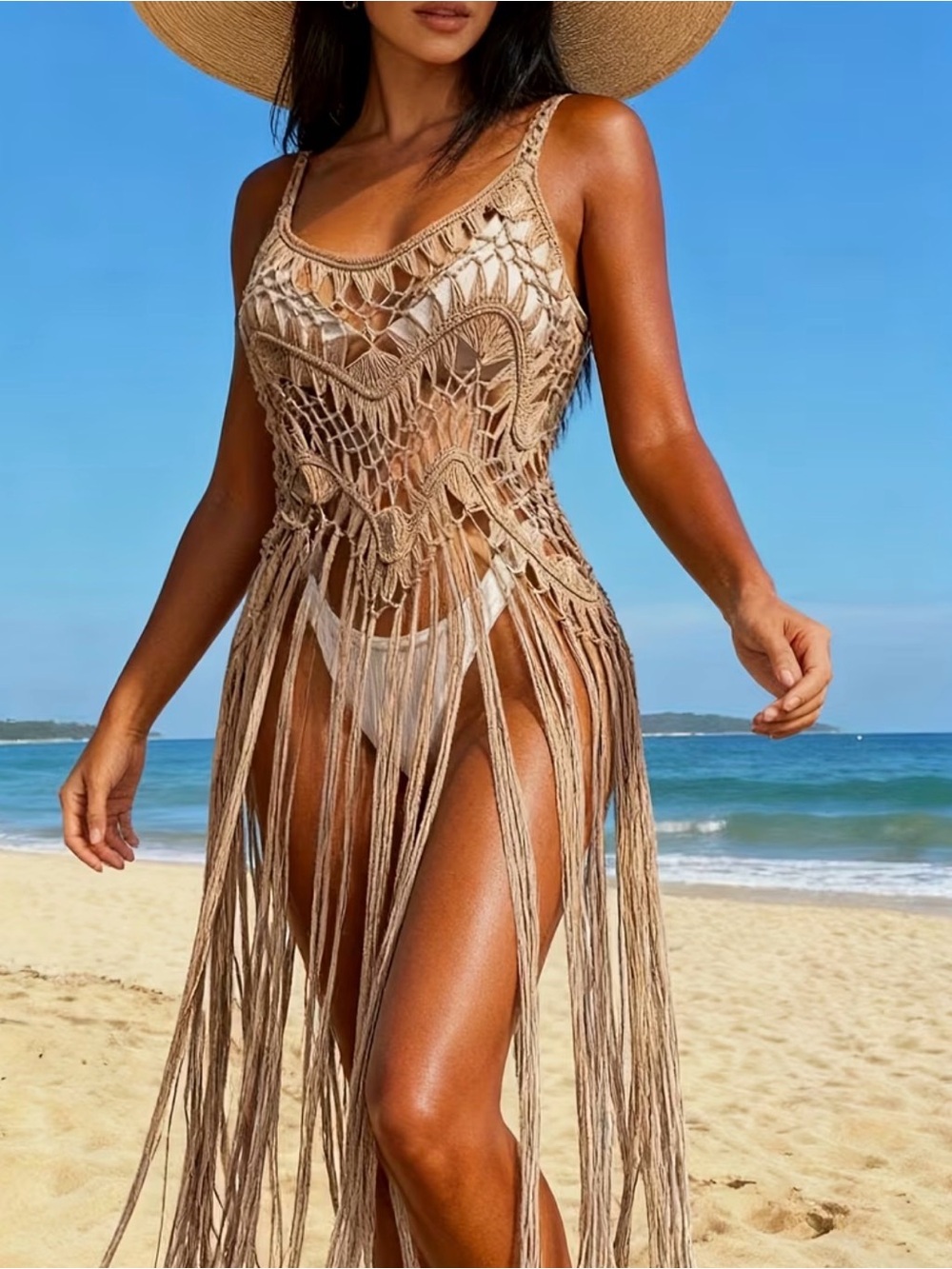 Beige Crochet Fringe Mini Dress - Beach Cover-Up